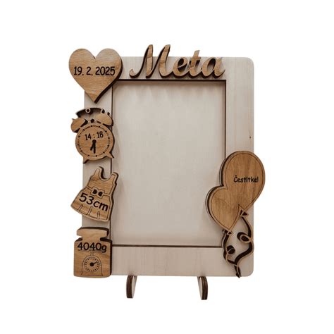 Lesen okvir za novorojenčka s fotografijo in vgraviranimi podatki