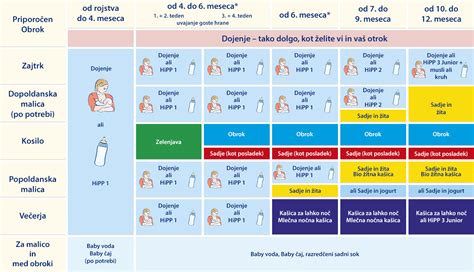 Infografika, ki prikazuje postopen razvoj prehrane dojenčka od 4. do 12. meseca