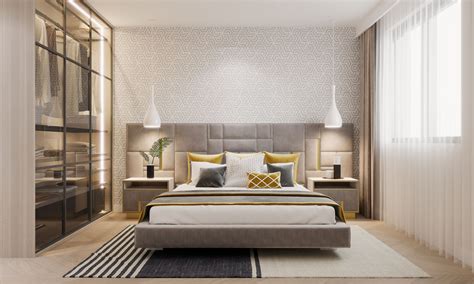 Moderna spalnica z izpostavljenim posteljnim okvirjem in posteljnino