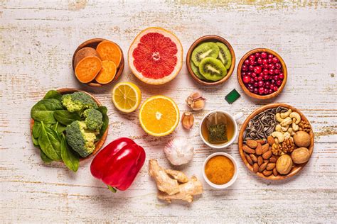 Diagram, ki prikazuje različne skupine živil in njihove ključne vitamine in minerale za imunski sistem