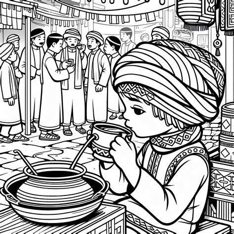 Ilustracija otroka, ki pije čaj iz skodelice.