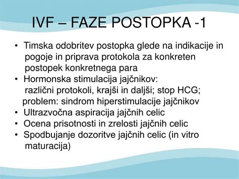 Diagram, ki prikazuje korake postopka IVF: stimulacija jajčnikov, odvzem jajčec, oploditev v laboratoriju, razvoj zarodka, prenos zarodka v maternico.
