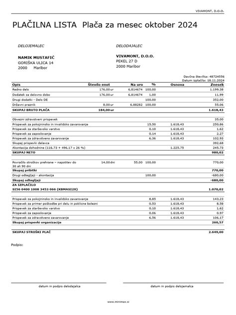 Plačilna lista z označenimi postavkami