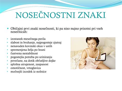 Infografika z zgodnjimi znaki nosečnosti, kot so utrujenost, občutljive prsi, slabost.