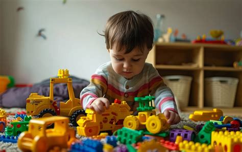 Otrok v udobni postelji, obkrožen z igračami