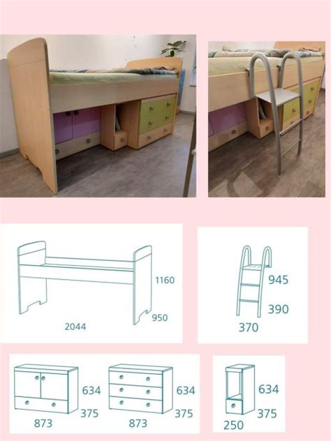Diagram, ki prikazuje različne elemente otroške sobe: postelja, omara, pisalna miza, police, dekoracije.