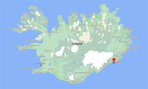 Zemljevid Islandije s poudarjenimi mesti Höfn in Reykjavik