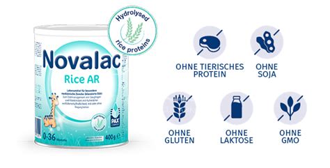 Infografika, ki prikazuje sestavine Novalac Rice AR in njihove koristi