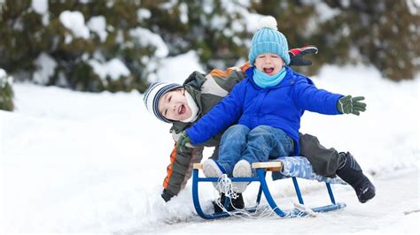 Otroci, ki se sankajo na različnih vrstah sank