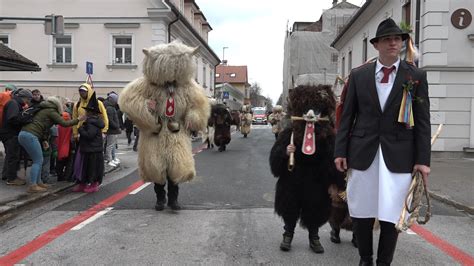 Ilustracija praznične pustne povorke z ljudmi v različnih kostumih, vključno s pujsi.