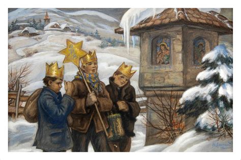 Ilustracija treh modrih z darili pred jaslicami