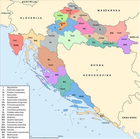 Mapa s turističnimi destinacijami na Hrvaškem